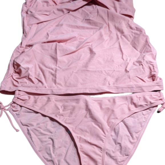 FLAW AS IS Womens Swim Set  L Pink Tankini Black Skirt 2 Piece  Spaghetti Strap - Picture 10 of 17